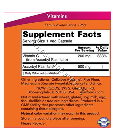 NW-0608 NOW Ascorbyl Palmitate 500 mg, 100 Veg Caps