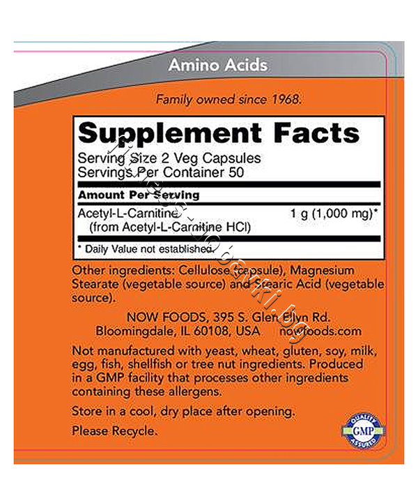 NW-0076 NOW Acetyl-L-Carnitine 500 mg, 100 Caps - изображение 3 от 4