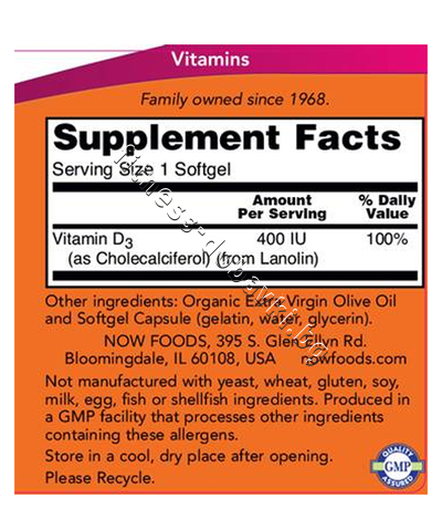 NW-0364 NOW Vitamin D3-400 IU, 180 Softgels